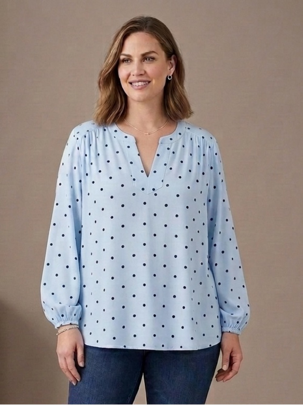St. John's Bay Light Blue Polka Dot V-Neck Blouse Size 3X